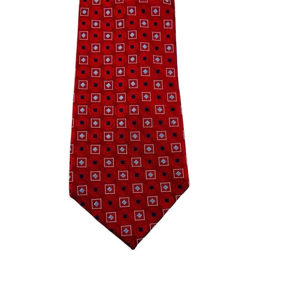 Neck Tie Tommy Hilfiger Red White & Blue 100% Silk Geometric Contrast Print USA